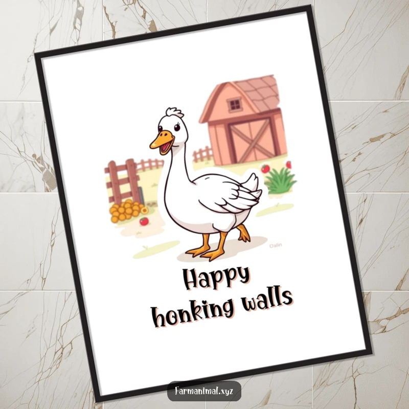 Funny Farm Goose Digital Art Print of a happy goose honking while waddling through the farm, downloadable cheer.