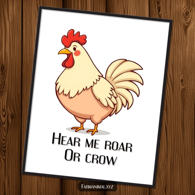Funny rooster digital art print of a proud rooster loudly crowing, chest puffed out, capturing morning energy and farm charm.