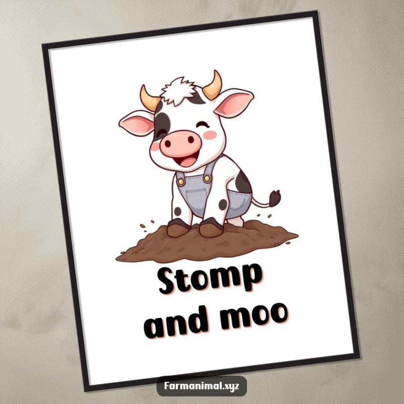 Funny cow wearing overalls happily stomping in mud, a downloadable humorous art print for instant decor.
