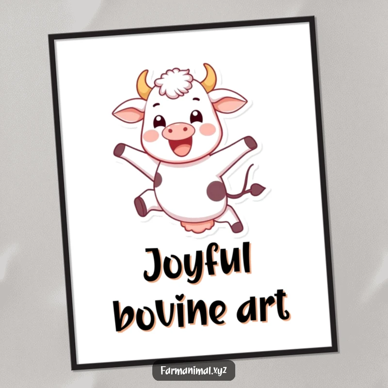 Funny jumping cow digital art print, captured mid-leap with a joyful expression, vibrant and uplifting wall decor.