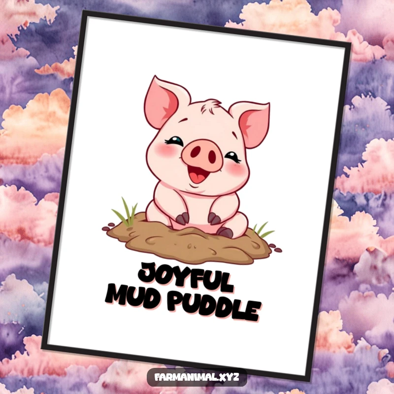 Funny cheerful piglet joyfully covered in mud, a digital art print radiating humor and farm animal delight.
