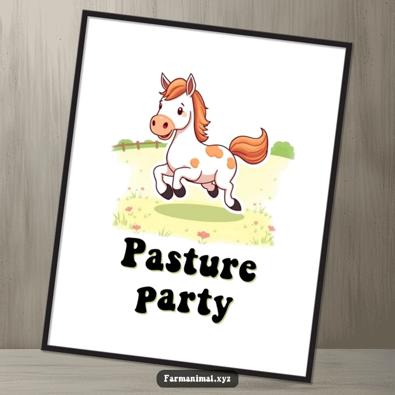 Funny happy horse character kicking its heels in a pasture, a digital art file for printing. Instantly adds joy.