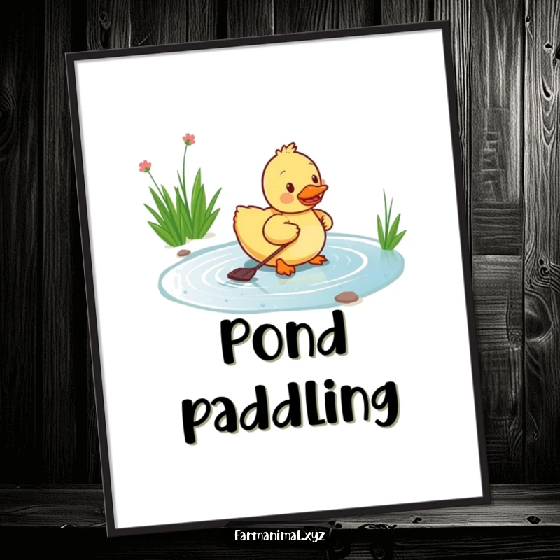 Funny duckling digital art print of a happy duckling paddling energetically in a pond, a whimsical and humorous piece for cheerful wall decor.