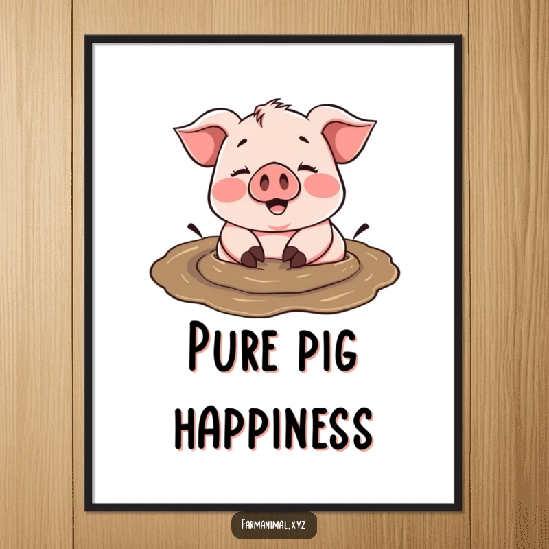 Funny cheerful pig happily rolling in a mud puddle, a digital art print bursting with playful happiness.