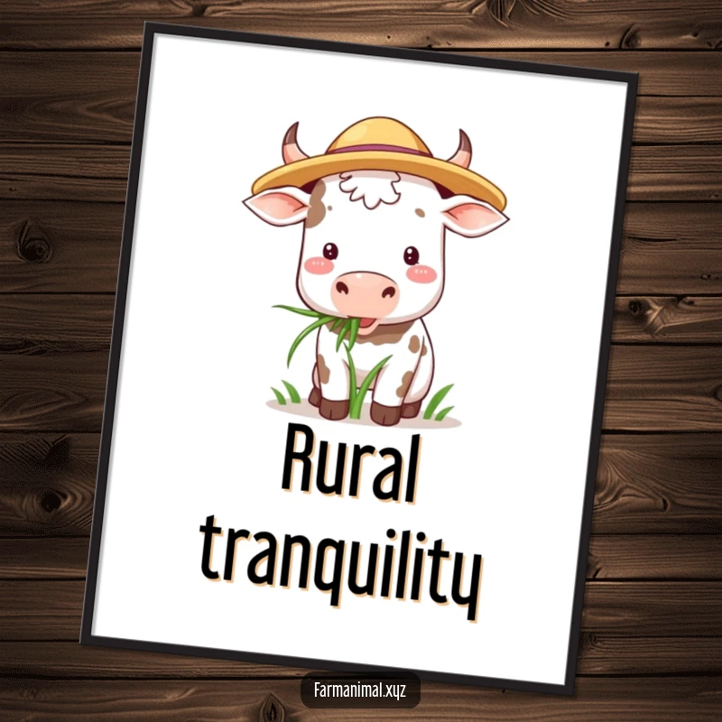 Funny Cow Digital Art Print: A cow wearing a straw hat contentedly chews grass, embodying peaceful farm life.