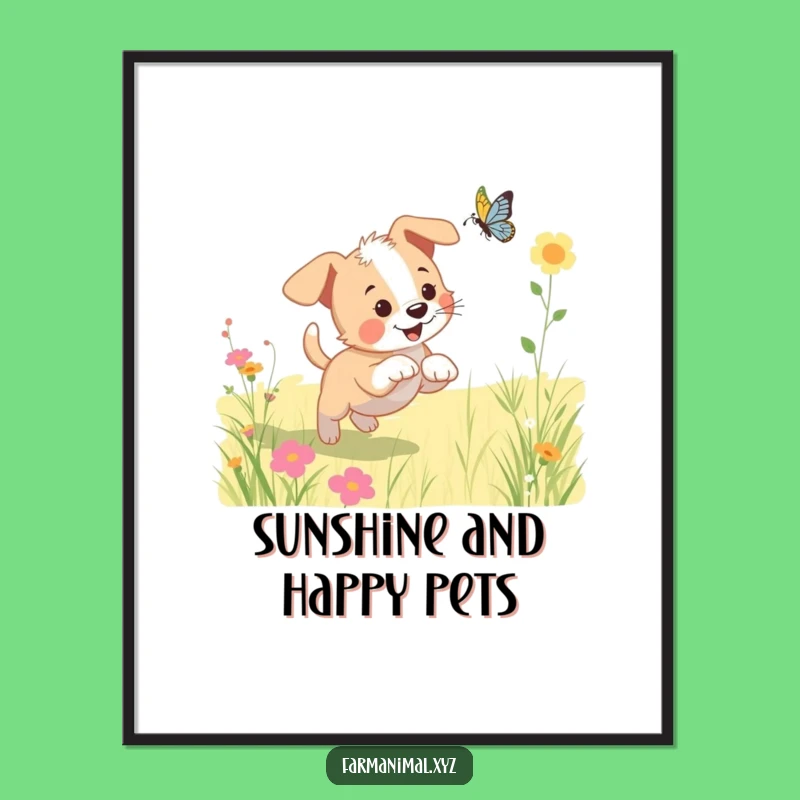 Funny Puppy Butterfly Digital Art - Instant Dog Meadow Download, Cheerful Decor