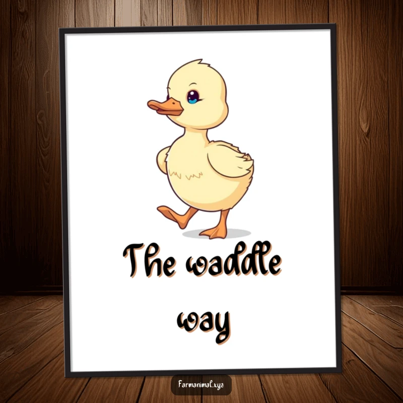 Funny determined duckling waddling purposefully, a digital art print radiating humor and farm animal drive.