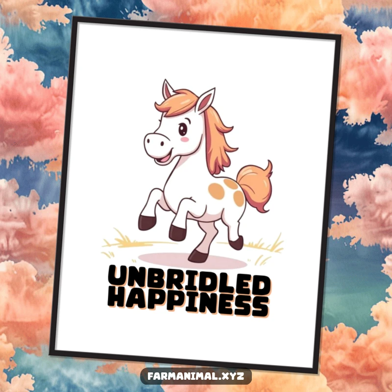 Funny Horse Digital Art Print of a smiling horse kicking up its heels in a pasture, downloadable cheer.