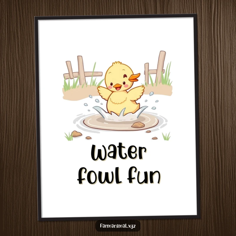 Funny duckling enthusiastically splashing in a barnyard puddle, a downloadable humorous art print for home decor.