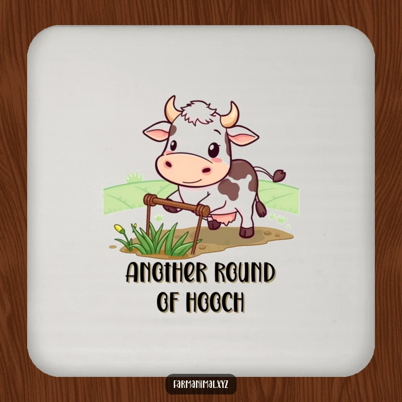 Funny cow drink coasters featuring a determined smiling character plowing a small field, protecting surfaces with humorous farm toughness.