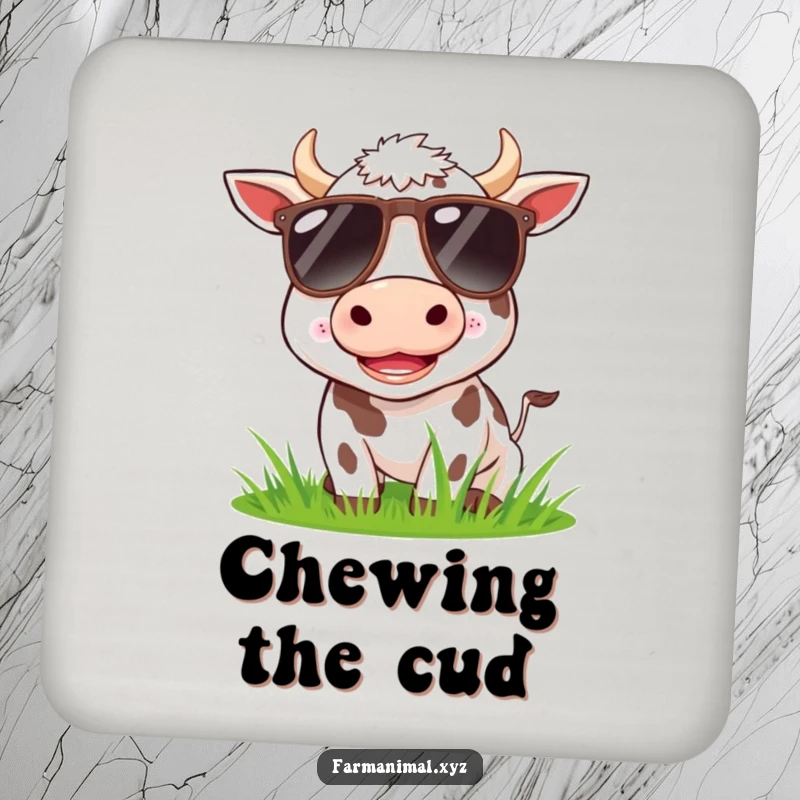 Funny cow wearing sunglasses, happily munching grass on a drink coaster, adding humor.