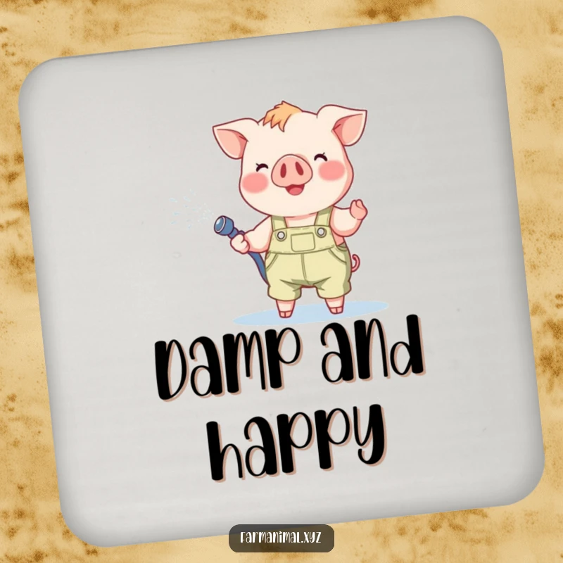 Funny Piglet Coaster: A cheerful piglet in overalls happily spraying water from a hose, protecting your drink.