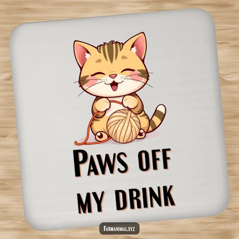 Funny Barn Cat Coaster featuring a playful cat batting a ball of yarn, protecting surfaces humorously.