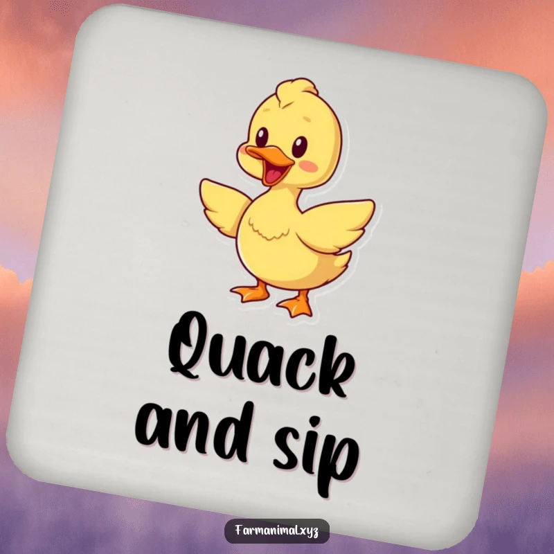Funny cheerful duck coaster, quacking and flapping wings, protecting surfaces with farmyard humor.