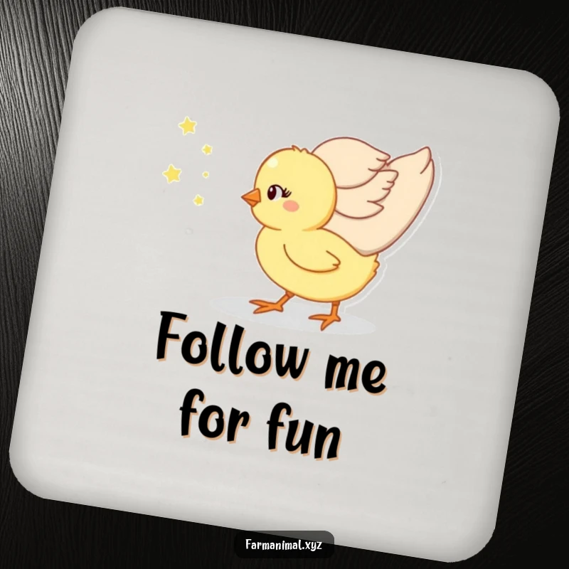Funny chick walking behind its mother on a drink coaster, a cute and humorous addition to any table.