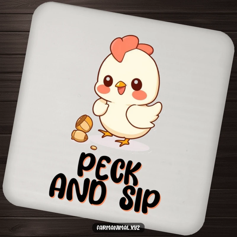 Funny chicken drink coaster featuring a smiling hen pecking a kernel, offering stylish protection with a dose of farmyard humor.