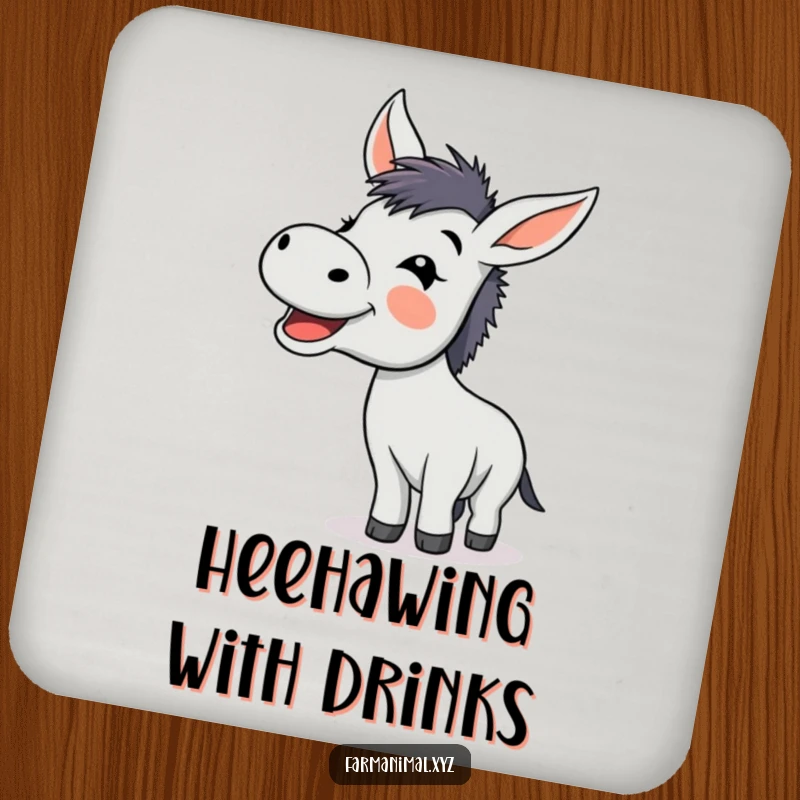Funny donkey braying with glee on a drink coaster, a humorous and protective addition to any surface.