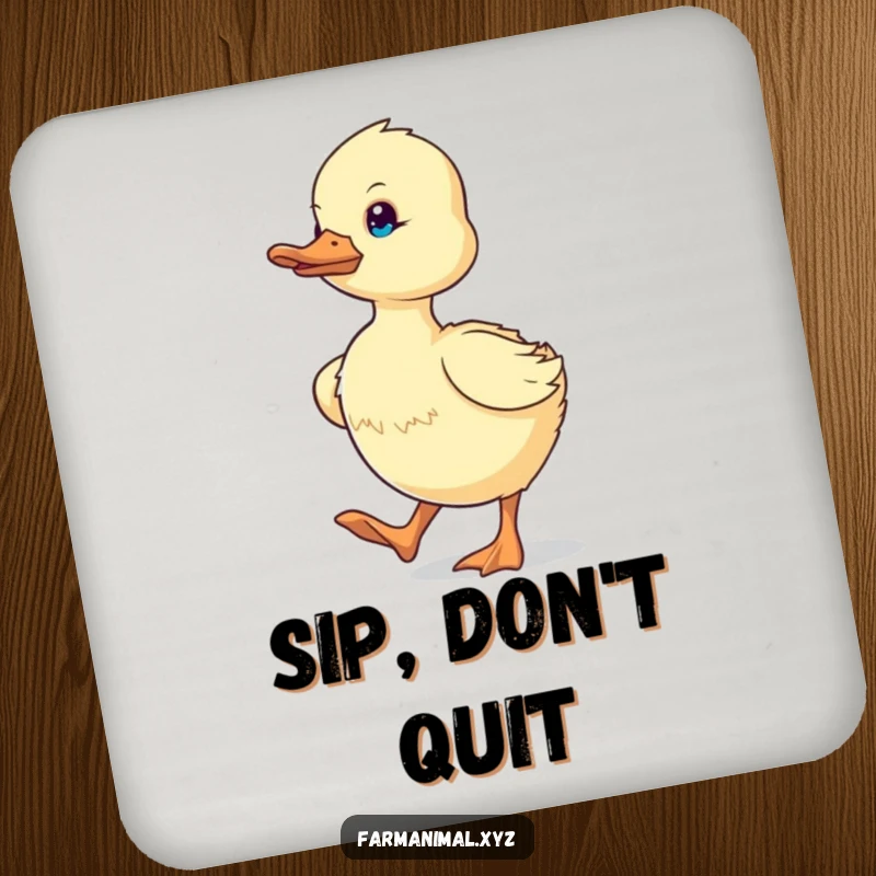 Funny determined duckling waddling with purpose on a drink coaster, adding humorous farm animal motivation to any tabletop.
