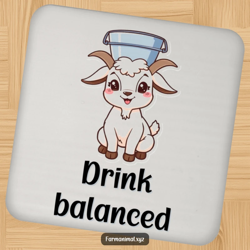 Funny goat character balancing a bucket on its head, a protective drink coaster for furniture. Adds playful charm.