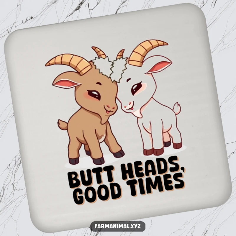 Funny goats butting heads on a drink coaster, a humorous and protective addition to any surface.