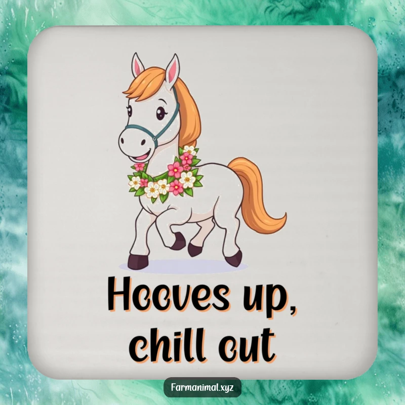 Funny Horse Coaster showcasing a happy horse wearing a vibrant floral garland, protecting tables with equestrian charm.