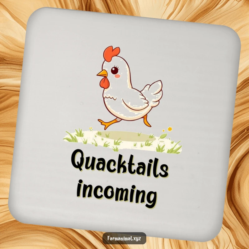 Funny kawaii chicken galloping playfully on a drink coaster, adding humorous farm animal charm to any tabletop.
