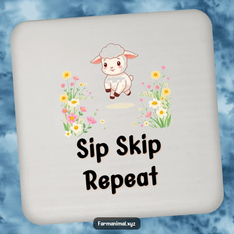 Funny drink coasters showcasing a happy lamb skipping through a floral meadow, adding playful charm to any table setting.