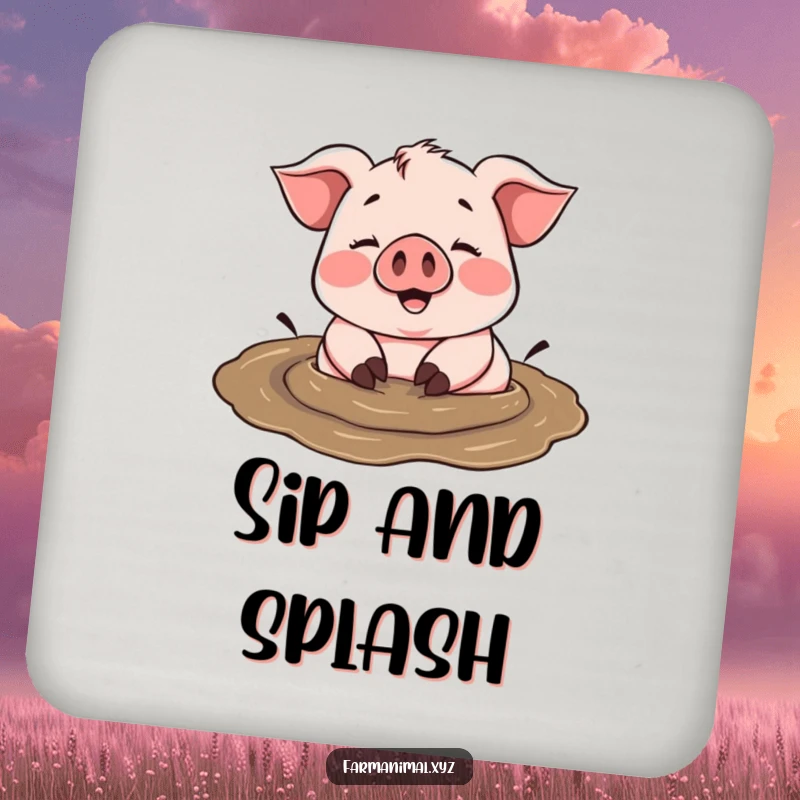 Funny cheerful pig happily rolling in a mud puddle, a charming accent for any drink coaster.