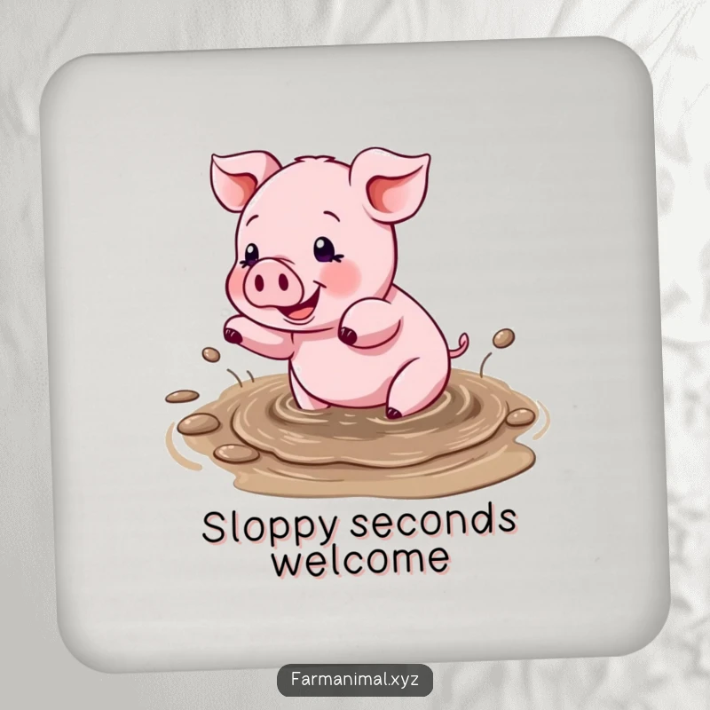 Funny drink coasters showcasing a happy pig splashing in a mud puddle, adding playful and protective charm to any table.