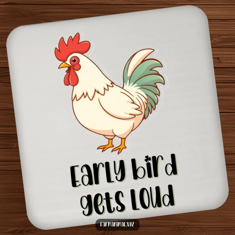 Funny Rooster Crowing Coaster, illustrating a rooster puffing its chest with a loud, comical crow, adding a touch of farmyard wit.