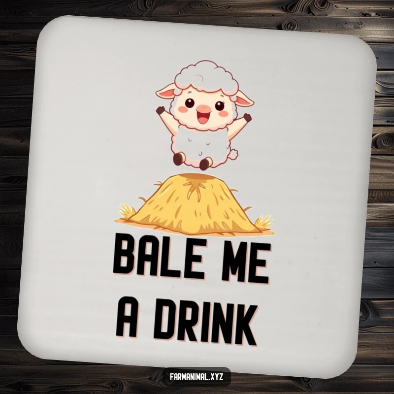 Funny Sheep Coaster: A fluffy sheep character happily bouncing on a haystack, protecting your drink.