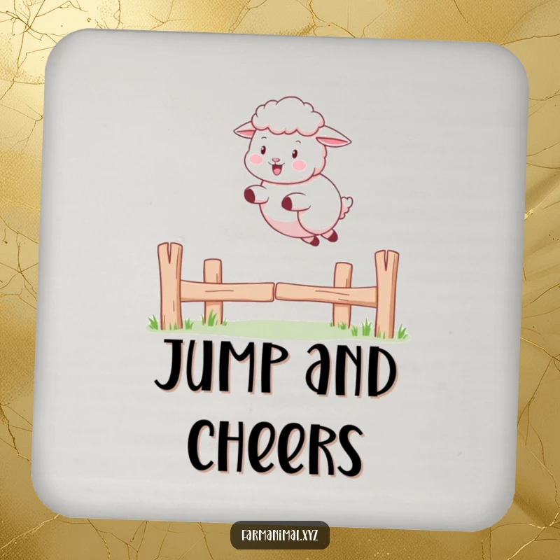 Funny Sheep Coaster: A sheep playfully jumps over a fence, protecting surfaces with farmyard charm and humor.