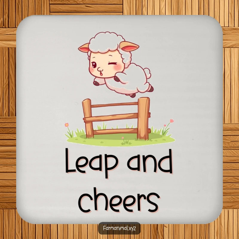 Funny sheep drink coaster featuring a determined sheep leaping over a fence, offering stylish protection with a humorous farm theme.