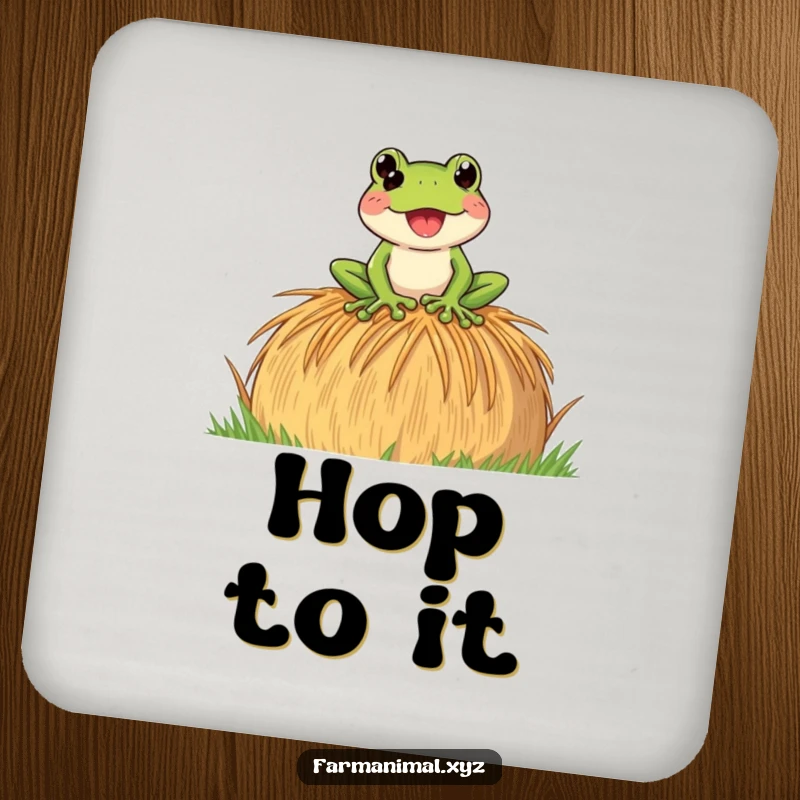 Funny Frog Coaster with a playful frog croaking loudly on a hay bale, providing protection with a humorous amphibian design.