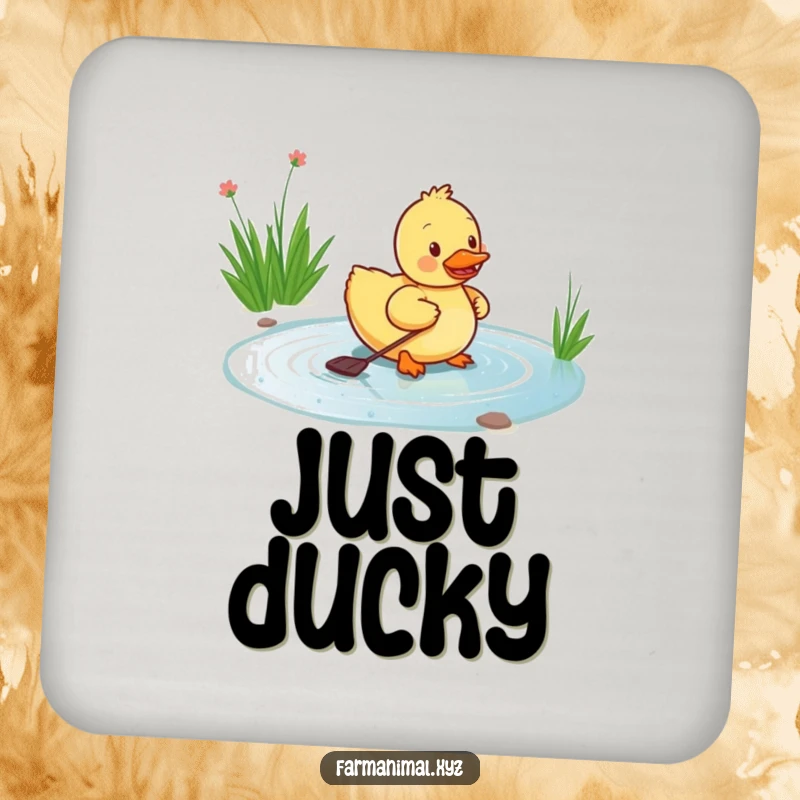 Funny duckling drink coaster featuring a happy duckling paddling energetically in a pond, offering stylish protection with a dose of cheerful humor.