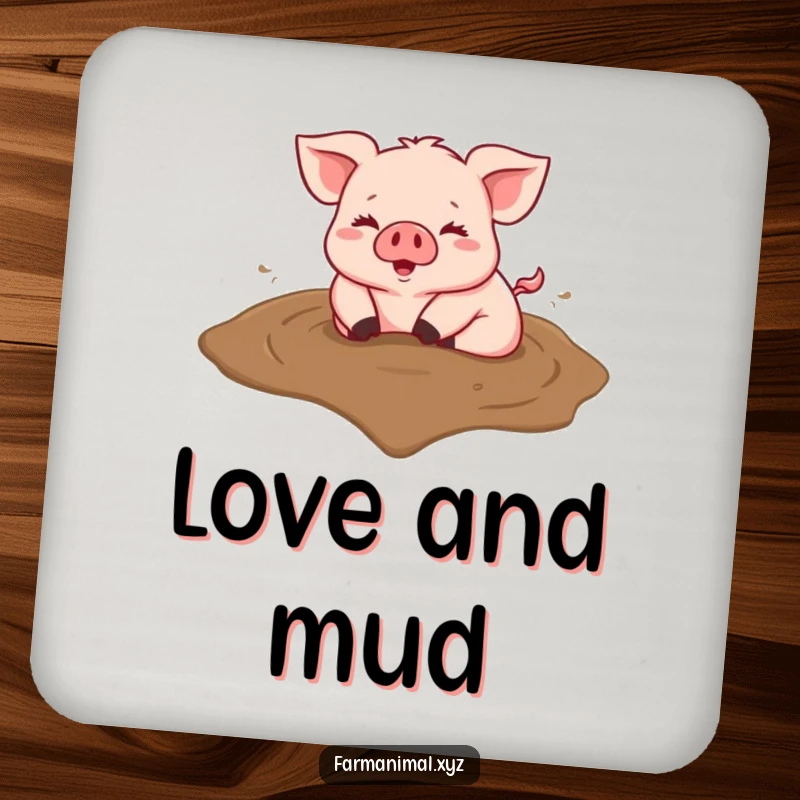 Funny drink coaster featuring a happy pig rolling in a heart-shaped mud puddle, adding charm.