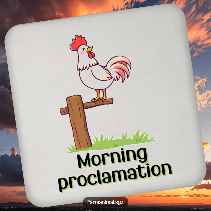 Funny rooster character proudly crowing atop a fence post, a protective drink coaster for furniture. Adds morning cheer.