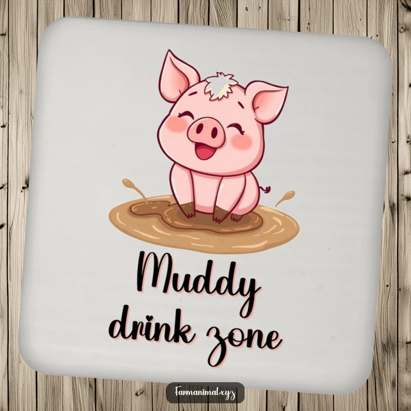 Funny Happy Pig Mud Coaster depicting a happy pig wallowing in mud, adding farm humor and surface protection.