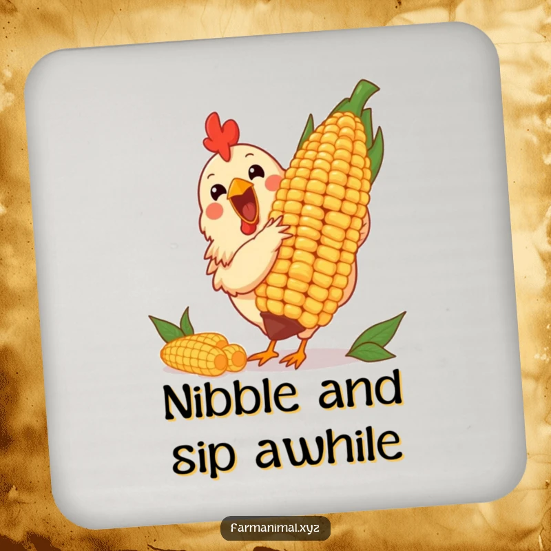 Funny drink coasters featuring a cheerful chicken pecking at a giant corn cob, protecting surfaces with farm humor.