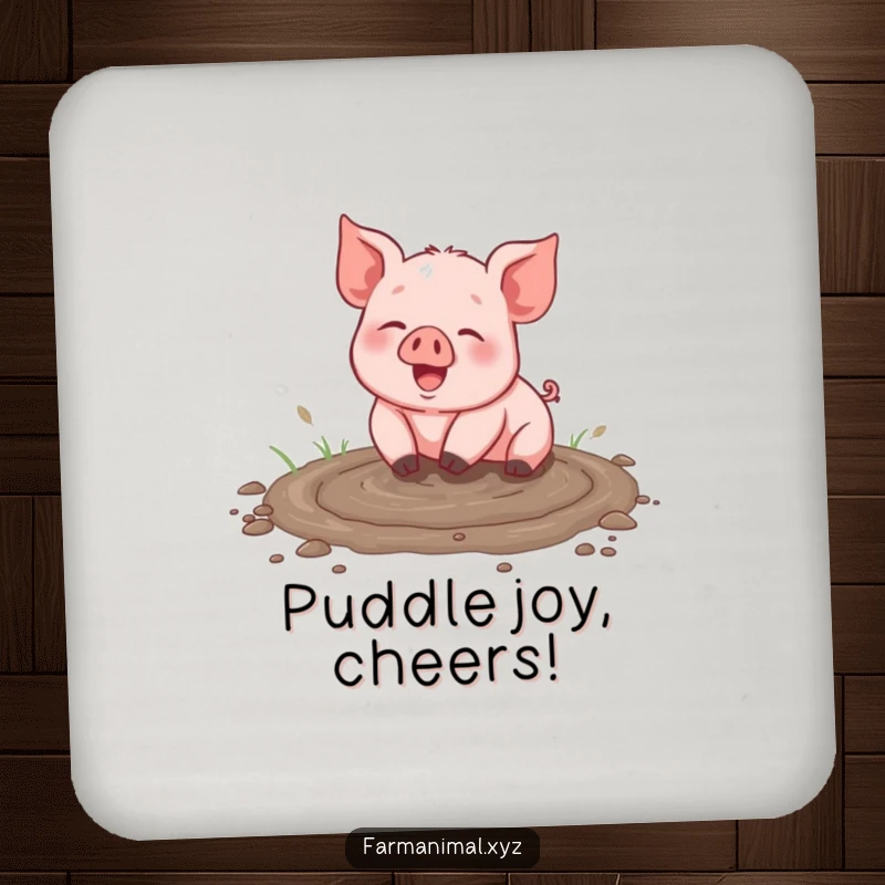 Funny piglet coaster, joyfully rolling in a muddy puddle, protecting furniture from spills with farmyard flair, a humorous accessory.