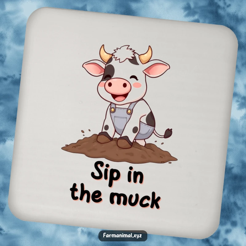 Funny cow wearing overalls happily stomping in mud, a set of humorous drink coasters for home protection.
