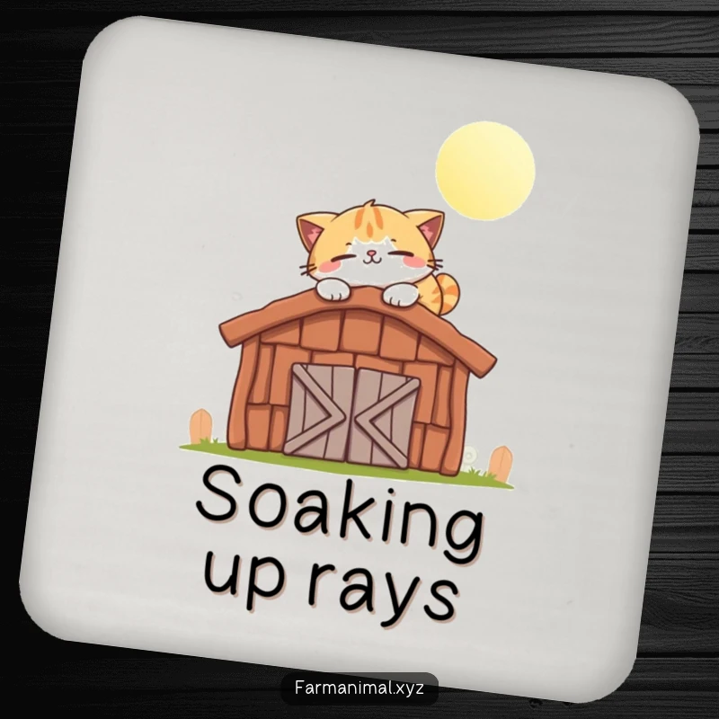 Funny cat drink coaster featuring a smiling cat character happily napping on a warm, sunlit barn roof.