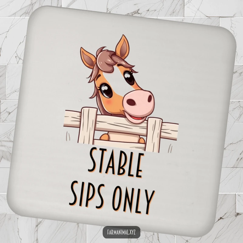 Funny Horse Coaster with a curious horse showing wide, friendly eyes over a fence, providing protection with a humorous farm animal design.