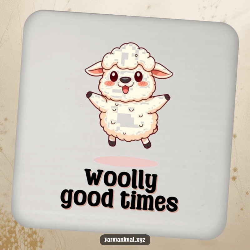 Funny Sheep Coaster with a fluffy sheep in a funny little jump, providing protection with a humorous farm animal design.