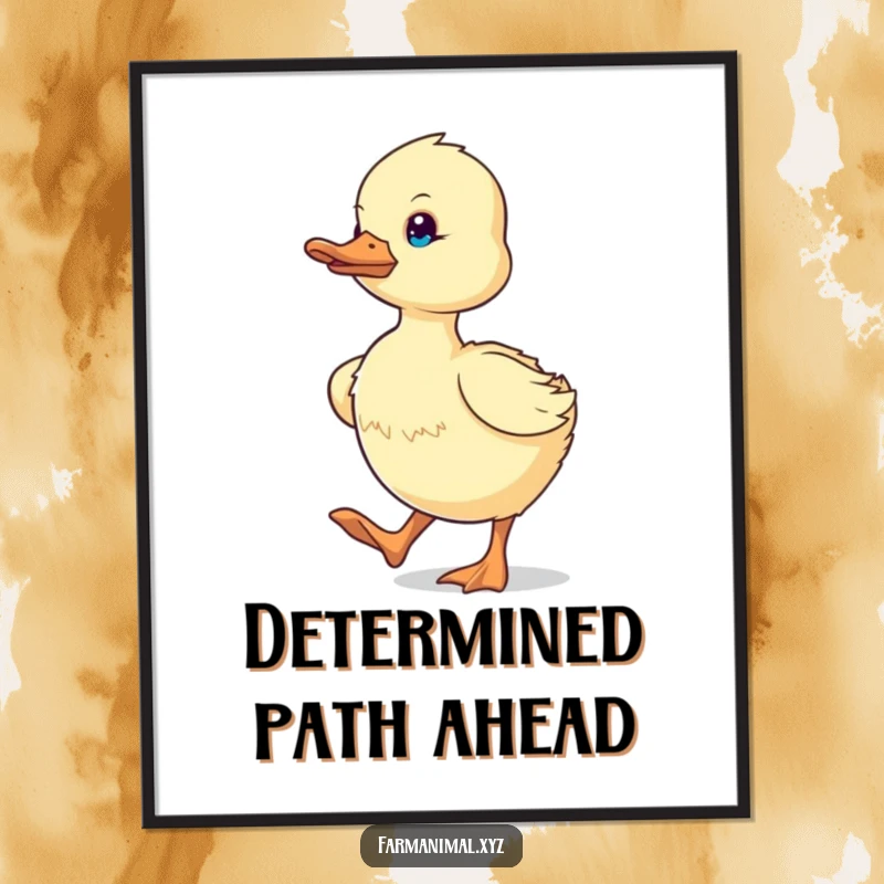 Funny determined duckling waddling purposefully across a poster, radiating humorous and motivational farm animal energy.