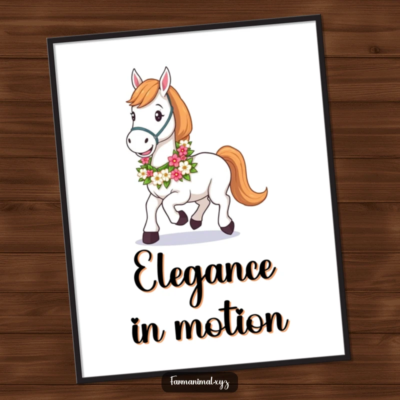 Funny Horse Poster depicting a happy horse with a lush floral garland around its neck, trotting gracefully in a field.