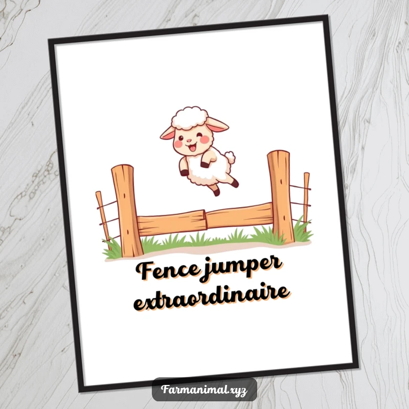 Funny poster of a giggling sheep leaping over a fence with gusto, capturing pure delight.