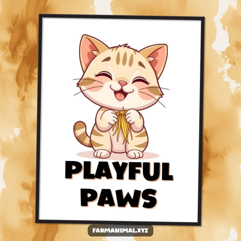 Funny Barn Cat Poster depicting a smiling cat playfully batting at a dangling piece of hay, creating a humorous and heartwarming scene.