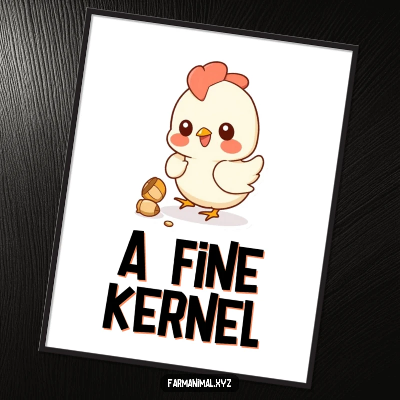 Funny chicken poster capturing a smiling hen in the action of pecking a kernel, adding a humorous and cheerful vibe to any room.