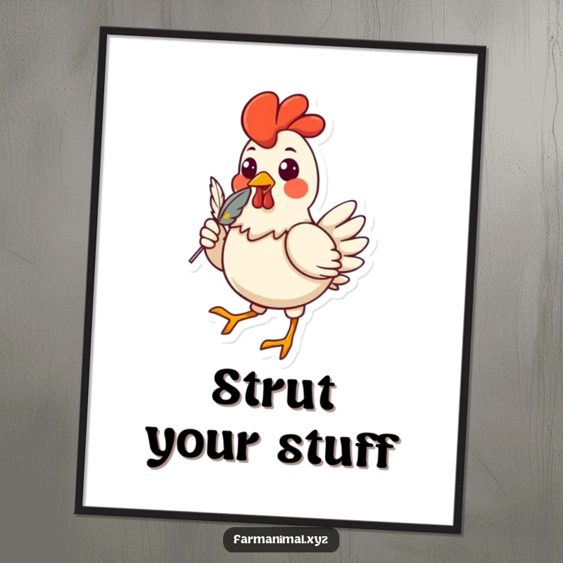 Funny chicken poster depicting a cheerful character strutting with a feather in its beak, bringing humorous farmyard charm to wall decor.